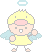 Pixel art contact sheet showing two frames of an animated angel icon with yellow hair, blue wings, and a halo above each frame.