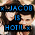 A static image with four text blocks: blue 'x..JACOB IS HOT!!..x', pink 'x..EDWARD IS COOL!!..x', yellow 'x..ELLIES73 LUVS TWILIGHT!!', and a gray block.