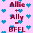 Pixelated text and blue hearts on pink background with 'Allie + Ally = BFFL' repeated in two