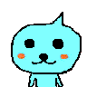 Pixelated light blue cartoon character with black eyes, orange cheeks, and a small nose in two static and two animated poses.