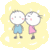 Pixelated cartoon icon of two stick-figure characters standing side-by-side against a yellow cloud-shaped background with white sparkles, both with round heads and pink cheeks.