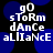 Pixelated text reads 'gO sToRm dAnCe aLIaNCe' over blue heart shapes on black background, with visible animation change between frames.