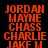 Static image of orange pixelated text listing names on black background with gray rectangle overlay.