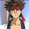Anime-style character with spiky brown hair and red headband in nine- showing facial expression changes