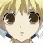 A 48x48 pixel buddy icon featuring a split composition with an anime-style character on the left and text elements on the right against a black background.