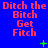 Blue background with repeated red text "Ditch the Bitch Get Fitch" in three , green plus and cross symbols scattered across the image