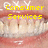 A mouth with teeth and lips, displaying yellow text overlays that change across frames.