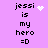 Pixelated text 'jessi is my hero =O' on a purple background with animated white heart and starburst symbols replacing static text elements.