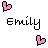 Pixelated pink and black heart icons with the name 'Emily' in pixel font, arranged in a pattern on white background