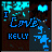 Pixelated blue text "I Love KELLY" with a heart symbol and a figure holding a microphone on a dark background.