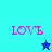 A four- displays the word 'LOVE' in pink pixelated text on cyan and blue backgrounds, with a dark blue star in the top-right and a light blue star in the bottom-left