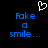 Pixelated blue text 'Fake smile...' with a white heart outline above on black background.