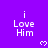 Purple background with repeated white text 'i Love Him' and pixelated heart symbols in a