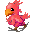 A 4-frame pixel art animation of a pink bird mascot with orange beak and brown legs, shown in different running poses on a gray background.