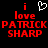 Pixelated red text on black background reads 'i love PATRICK SHARP' with a white heart symbol above the first 'i', transitioning from solid to blurred.