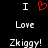 Pixelated text and a red heart symbol on a black background, with 'I' above 'Love' above 'Zkiggy!' repeated twice.
