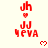 Red pixel art displays 'Jh' with heart, 'JJ', and 'MEVA' text across three on light background; small red hearts appear in lower-right positions