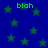 Blue background with green stars and four instances of the text 'blah' in green pixelated font.