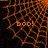 Animated orange spiderweb pattern with 'boo!' text on black background, transitioning to a solid gray area.
