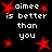 Black background with white pixelated text reading 'aimee is better than you' surrounded by red star shapes.