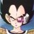 Pixelated static image of a character with spiky black hair, closed eyes, and a blue and white outfit against a gradient background.