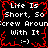 Black background with white text repeating 'Life Is Short, So Screw Around With It' and two ':)' smileys surrounded by red pixelated border.