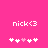 Pixelated pink background with white text 'nick<3' and five white plus signs below, one of which is pink in the left view.