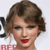 Pixelated close-up of a person with brown hair, red lips, and visible facial features against a light background with partial text elements.