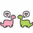 Pixelated animation of pink and green dinosaurs with thought bubbles, blue text "Rowr." above.