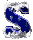 Blue S-shaped wave with white and gray pixelated edges on a light gray background, displayed in a of four and three