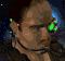 A pixelated character with green glowing eyes and a dark jacket against a blue-lit background, shown in multiple