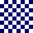 Blue and white checkered background with two -like patterns of white squares on a blue overlaying the right side