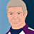 Pixelated portrait of a person with short light gray hair, wearing a dark blue shirt under a purple jacket with white stripes on the sleeves, against a gradient background.
