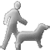 Pixelated grayscale image of a human figure walking a dog, both rendered in low-resolution monochrome tones against a plain gray background.