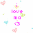 Pixelated text and heart shapes in pink, green, blue, and yellow on white background with scattered small squares.