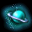 Four identical animated frames show a teal planet with a silver ring surrounded by a teal nebula and scattered white stars against a black background.