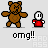 Pixelated brown teddy bear with arms outstretched and a red-shirted figure holding a white circle, all repeating under 'omg!!' text.