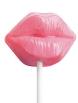 Static image of a pink lollipop-shaped icon with lips on top, mounted on a white stick against a plain background.