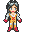 Pixel art character in yellow outfit with red accents, gray hair, and white collar; animated sequence shows hand movements and musical notes.