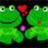 Two green frogs face each other with a red heart above their heads, one frog has a purple gem on its chest, and text reads "I LOVE Frogs They Rock My Sox Off!!!".