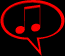 Red speech bubble icons with musical notes in various states of animation on black background.