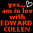 Red pixelated text on black background reads 'yes... am in lov with EDWARD CULLEN' with a white heart symbol above the word 'lov'.