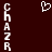 Dark red background with vertical white text 'CHAZZ' on left and right sides, and a white pixelated heart symbol centered above the text.