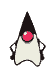 Animated character with black pointed hat, red circular eye, and white body performing sequential hand gestures against gray background.
