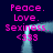 Pixelated text and symbols on a dark background with a glowing blue frame, repeating phrases in pink.