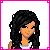 Pixel art contact sheet showing four frames of a female character with long black hair, pink and white clothing, and red strappy footwear against a white background.