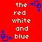 Red background with white text reading 'the red white and blue' repeated four times, each accompanied by a small blue square-based animation element.
