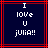 Dark blue background with red lines, white pixelated text reading "I LOVE U JULIA!!" arranged vertically