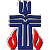 Static pixelated icon featuring a blue cross with red flame-like shapes on both sides against a gray background.