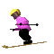 Pixelated skier in pink jacket and yellow helmet performs sequential skiing motions on gray background.